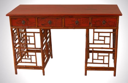 Chinese Antique Red Lacquer Bamboo Desk
